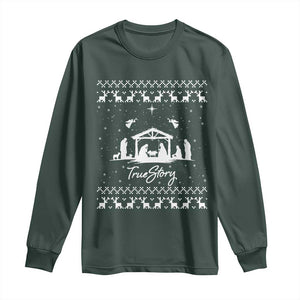 Nativity Scene Christmas Long Sleeve Shirt Christian True Story Jesus Birth Ugly Xmas TS10 Dark Forest Green Print Your Wear