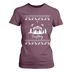 Nativity Scene Christmas T Shirt For Women Christian True Story Jesus Birth Ugly Xmas TS10 Maroon Print Your Wear