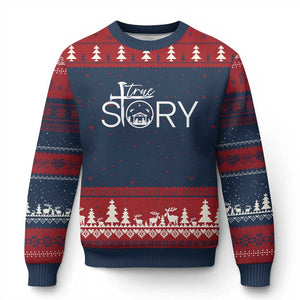 Christian True Story Ugly Christmas Sweater Nativity Scene Xmas Faith Cross Jesus Birth TS10 Navy Red Print Your Wear