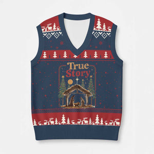 Vintage Nativity Scene V-Neck Knit Sweater Vest Christian Xmas True Story Jesus Birth TS10 Navy Red Print Your Wear