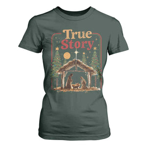 Vintage Nativity Scene T Shirt For Women Christian Christmas True Story Jesus Birth TS10 Dark Forest Green Print Your Wear