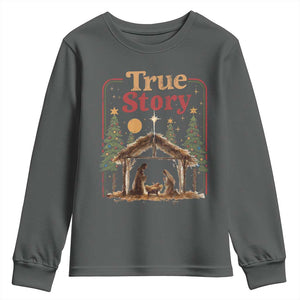 Vintage Nativity Scene Youth Sweatshirt Christian Christmas True Story Jesus Birth TS10 Dark Heather Print Your Wear