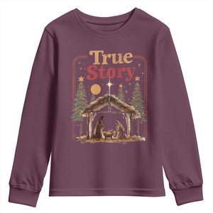 Vintage Nativity Scene Youth Sweatshirt Christian Christmas True Story Jesus Birth TS10 Maroon Print Your Wear