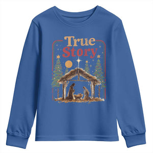 Vintage Nativity Scene Youth Sweatshirt Christian Christmas True Story Jesus Birth TS10 Royal Blue Print Your Wear