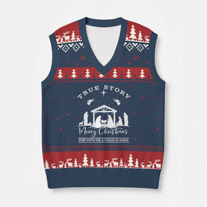 True Story Merry Xmas V-Neck Knit Sweater Vest Christian Xmas True Story Jesus Birth TS10 Navy Red Print Your Wear