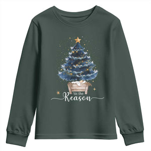 Nativity Scene Youth Sweatshirt Jesus Reason Tis The Season Christian Christmas Tree TS10 Dark Forest Green Print Your Wear