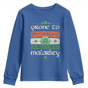 St. Patrick's Day Prone to Shenanigans and Malarkey Youth Sweatshirt Funny St Patrick's Day Lucky Shamrock Irish TS10 Royal Blue Print Your Wear