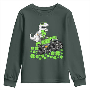 Lucky St Patricks Day Toddler Boys Youth Sweatshirt T Rex Dino Riding Monster Truck Shamrock TS10 Dark Forest Green Print Your Wear