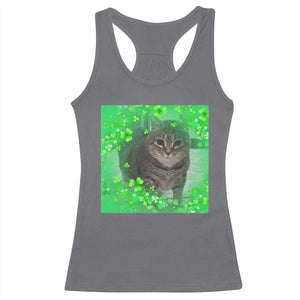 Funny Cat Meme St Patricks Day Racerback Tank Top Lucky Shamrock Goofy Ahh Cat TS10 Charcoal Print Your Wear