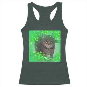 Funny Cat Meme St Patricks Day Racerback Tank Top Lucky Shamrock Goofy Ahh Cat TS10 Dark Forest Green Print Your Wear