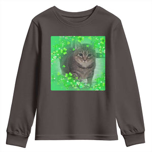 Funny Cat Meme St Patricks Day Youth Sweatshirt Lucky Shamrock Goofy Ahh Cat TS10 Dark Chocolate Print Your Wear