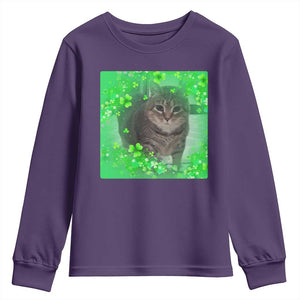 Funny Cat Meme St Patricks Day Youth Sweatshirt Lucky Shamrock Goofy Ahh Cat TS10 Purple Print Your Wear