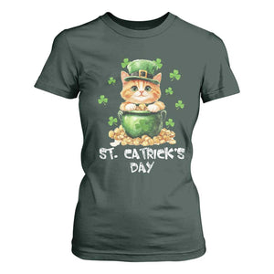 St. Patrick's Day Irish Cat T Shirt For Women Kitty Saint Pattys Lucky Shamrocks TS10 Dark Forest Green Print Your Wear