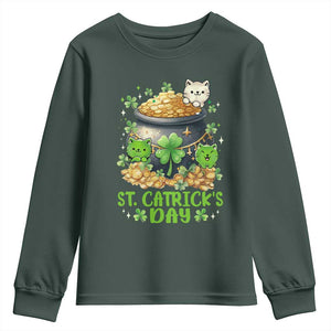 Cats St Patricks Day Youth Sweatshirt Pot Of Gold Kitty Lover Lucky Irish TS10 Dark Forest Green Print Your Wear
