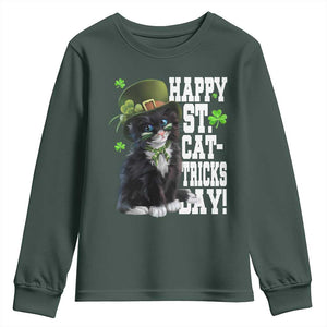 Shamrock Cat St Patricks Day Youth Sweatshirt Kitty Mom Gift TS10 Dark Forest Green Print Your Wear