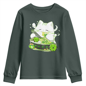 St Patrick's Day Cats Youth Sweatshirt Irish Eating Ramen Noodles Cute Anime Shamrocks TS10 Dark Forest Green Print Your Wear