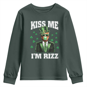 St. Patrick's Day Trump Bubble Gum Youth Sweatshirt Funny Irish Kiss Me I'm Rizz TS10 Dark Forest Green Print Your Wear