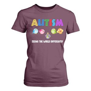 Autism Awareness T Shirt For Women Seeing the World Differently ASD Cute Puzzle Pieces Owl TS10 Maroon Print Your Wear