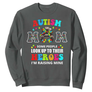 Autism Mom Sweatshirt Raising Hero Messy Bun Autism Awareness TS10 Dark Heather Print Your Wear