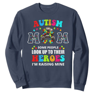 Autism Mom Sweatshirt Raising Hero Messy Bun Autism Awareness TS10 Navy Print Your Wear