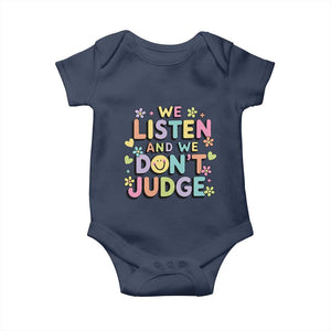 We Listen and We Dont Judge Baby Onesie Funny Social Media Influencer TS10 Navy Print Your Wear