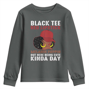 Funny African American Afro Queen Youth Sweatshirt Black Tee Red Lipstick Melanin Poppin Out Here Being Cute TS10 Dark Heather Print Your Wear