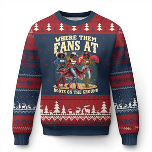 Where Them Fans At Boots On The Ground Black Cowgirl Ugly Christmas Sweater TS10 Navy Red Print Your Wear