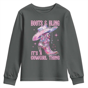 Boots and Bling Its A Cowgirl Thing Youth Sweatshirt TS10 Dark Heather Print Your Wear