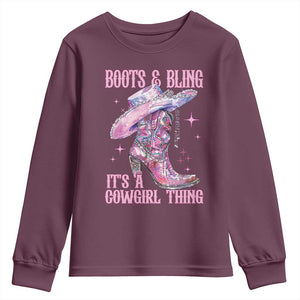 Boots and Bling Its A Cowgirl Thing Youth Sweatshirt TS10 Maroon Print Your Wear