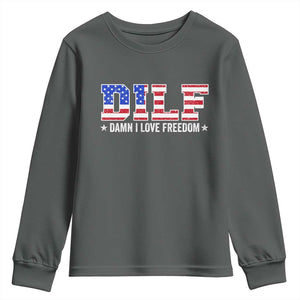 Funny Patriotic 4th Of July Youth Sweatshirt DILF Damn I Love Freedom American Flag TS10 Dark Heather Print Your Wear
