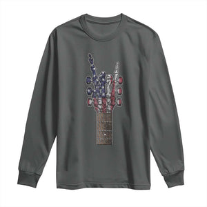 Rock On Skeleton Hand Guitar Long Sleeve Shirt Retro American Flag Heavy Metal Guitarist TS10 Dark Heather Print Your Wear