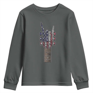 Rock On Skeleton Hand Guitar Youth Sweatshirt Retro American Flag Heavy Metal Guitarist TS10 Dark Heather Print Your Wear