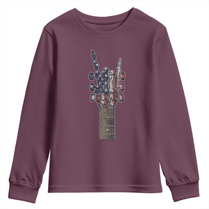 Rock On Skeleton Hand Guitar Youth Sweatshirt Retro American Flag Heavy Metal Guitarist TS10 Maroon Print Your Wear