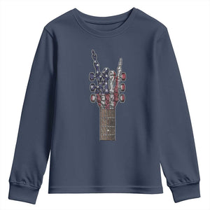 Rock On Skeleton Hand Guitar Youth Sweatshirt Retro American Flag Heavy Metal Guitarist TS10 Navy Print Your Wear