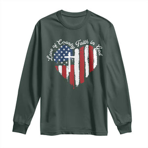 Patriotic Christian Long Sleeve Shirt Faith In God Heart Cross Flag 4th Of July Religious TS10 Dark Forest Green Print Your Wear