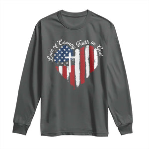 Patriotic Christian Long Sleeve Shirt Faith In God Heart Cross Flag 4th Of July Religious TS10 Dark Heather Print Your Wear