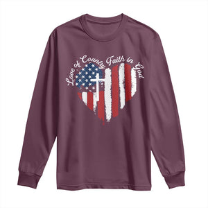 Patriotic Christian Long Sleeve Shirt Faith In God Heart Cross Flag 4th Of July Religious TS10 Maroon Print Your Wear
