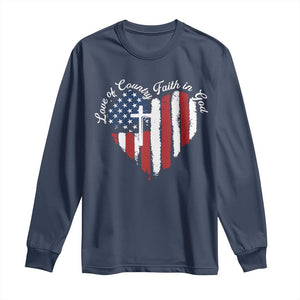 Patriotic Christian Long Sleeve Shirt Faith In God Heart Cross Flag 4th Of July Religious TS10 Navy Print Your Wear