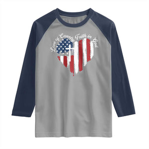 Patriotic Christian Raglan Shirt Faith In God Heart Cross Flag 4th Of July Religious TS10 Sport Gray Navy Print Your Wear