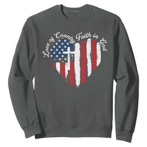 Patriotic Christian Sweatshirt Faith In God Heart Cross Flag 4th Of July Religious TS10 Dark Heather Print Your Wear
