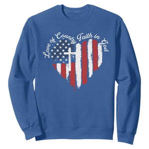 Patriotic Christian Sweatshirt Faith In God Heart Cross Flag 4th Of July Religious TS10 Royal Blue Print Your Wear