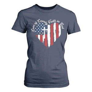 Patriotic Christian T Shirt For Women Faith In God Heart Cross Flag 4th Of July Religious TS10 Navy Print Your Wear