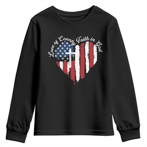 Patriotic Christian Youth Sweatshirt Faith In God Heart Cross Flag 4th Of July Religious TS10 Black Print Your Wear