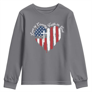 Patriotic Christian Youth Sweatshirt Faith In God Heart Cross Flag 4th Of July Religious TS10 Charcoal Print Your Wear