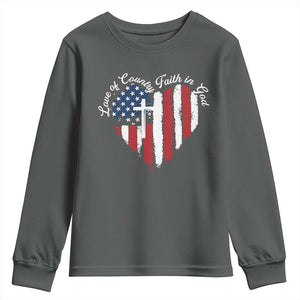Patriotic Christian Youth Sweatshirt Faith In God Heart Cross Flag 4th Of July Religious TS10 Dark Heather Print Your Wear
