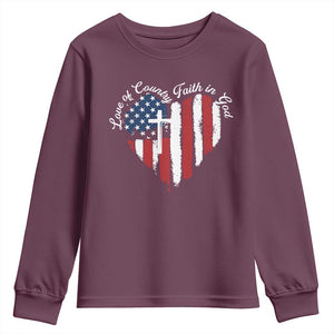 Patriotic Christian Youth Sweatshirt Faith In God Heart Cross Flag 4th Of July Religious TS10 Maroon Print Your Wear