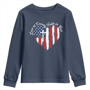 Patriotic Christian Youth Sweatshirt Faith In God Heart Cross Flag 4th Of July Religious TS10 Navy Print Your Wear