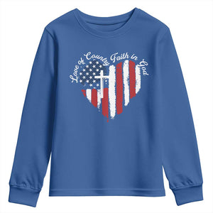 Patriotic Christian Youth Sweatshirt Faith In God Heart Cross Flag 4th Of July Religious TS10 Royal Blue Print Your Wear