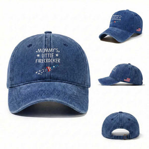 Mommy's Little Firecracker 4th of July Washed Cotton Baseball Cap Patriotic American Flag TS10 Washed Cap Universal Fit Royal Blue Print Your Wear