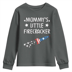 Mommy's Little Firecracker 4th of July Youth Sweatshirt Patriotic American Flag TS10 Dark Heather Print Your Wear